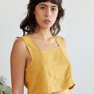 SUGAR CANDY MOUNTAIN Pansy Top Mustard Yellow Linen Boxy Cropped Tank Top Sz XS